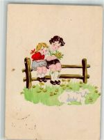 Kinder sitzen auf einem Zaun signiert Handgemalt 1941