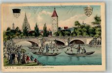 89073 W7900 Ulm , Donau 1916 Künstlerkarte Fischerstechen Donaubrücke Feldpost WK I sign. Flork, Ther.