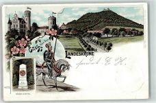 02826 O8900 Görlitz , Neiße 1900 Lithographie Landeskrone Körner-Denkmal Ritter Pferd Burg