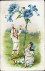 Kinder auf Wiese, riesige Blume, AK mit Glitzer Kinderpoesie um 1906