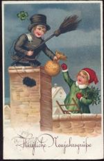 Herzliche Neujahrsgrüße, Mädchen mit Schornsteinfege auf dem Dach, Künstler AK Neujahr 1939