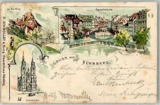 90402 W8500 Nürnberg 1898 Lithographie Fleischbrücke Lorenzkirche a.d. Burg