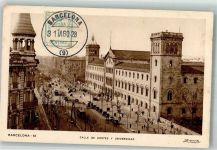 Barcelona 1928 Foto AK Straßenbahn Calle de Cortes Universität Marke bildseitig
