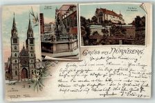 90402 W8500 Nürnberg 1897 Gebrauchsspuren Lithographie Tugendbrunnen Lorenzkirche