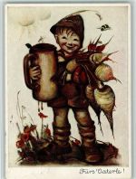 Hummelkarte Nr.5233 Fürs Vaterle Riesen Bierkrug und Radi Stempel 5.1.56 Recklinghausen Hummel
