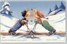 Serie Minouvis No.91, Skifahren Humor Künstlerkarte