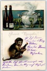 Affe mit Sekt Neujahr Lithographie
