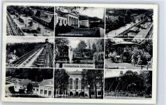 39218 O3300 Bad Salzelmen Schönebeck Elbe - Blick vom Gradierwerk auf Bahnhof, Lindenbad mit Solturm, Schwanenteich, Victoria-Quelle, Rosarium, Parkhaus