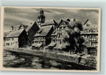 W6420 Lauterbach (Hessen) Ortsansicht Fachwerkhäuser Kohlezeichnung sign. K. Winkel Winkel, K. Künstlerkarte
