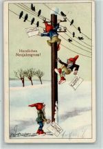 Neujahr - Zwerge klettern mit Telegramme auf einen Telegraphenmast AK Zwerg 1926