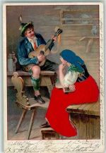 Kleid und Kopftuch mit echt Stoff Applikation Zither Gitarre Trachten Österreich 1903 Prägedruck