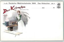 Das Kränzchen Illustrierte Mädchenzeitung sign. F.Schuler Mädel mit Bratpfanne am Herd Deutscher Mädchenkalender Frau Künstlerkarte 1906 Künstlerkarte