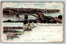 56068 W5400 Koblenz am Rhein 1900 Lithographie Eisenbahnbrücke Rhein