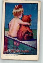 sign. MDS Kleines Mädchen mit Teddybär Künstlerkarte Flaggenstempel Teddy 1908 Gebrauchsspuren