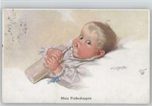Baby mit Milchflasche - Nahrungssorgen Verlag Wohlgemuth Nr. 1145 AK Fialkowska, W. Künstlerkarte