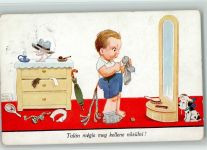 Serie 7048-1 Junge stopft seine Socken, Hund ist traurig 1928 AK Wills, J.
