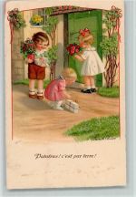 A.G.B 3241 - Patatras! Kinder mit Geschenken stehen vor einer Tür Ebner, Pauli Künstlerkarte