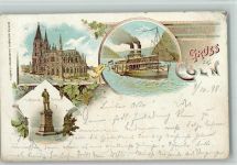 50667 W5000 Köln 1898 Lithographie Dom Dampfer Bismarck-Denkmal Reben