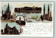65183 W6200 Wiesbaden 1900 Lithographie Ev. Kirche Kursaal Musikpavillon Kriegerdenkmal Kath. Kirche Rathaus