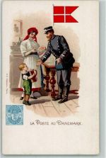 Tracht la Poste au Danmark Flagge Briefmarke Postbote Motiv Dänemark Lithographie