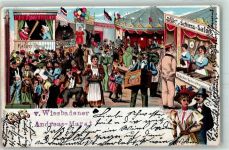 65183 W6200 Wiesbaden 1900 Lithographie Wiesbadener Andreas-Markt Drehorgel Karussell Kasper-Theater Luftballons