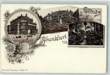 60308 W6000 Frankfurt am Main Lithographie Opernhaus Palmengarten Palmenhaus Springbrunnen Kutsche Vorläufer Wappen Blumen Schwalbe