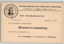 W8000 München Einladung Monatsversammlung Stenographenverein München-Schwabing Privatganzsache 1906