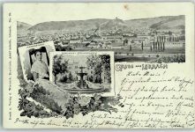79539 W7850 Lörrach 1901 Lithographie Schulhaus Springbrunnen Margräfler Tracht Röttler Schloß