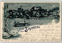 82319 W8130 Starnberg 1900 Lithographie / Mondschein Dampfer Seerose