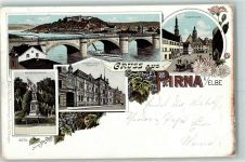 01796 O8300 Pirna Lithographie Marktplatz Kaiserl. Postamt Kriegerdenkmal