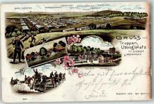 72525 W7420 Münsingen , Württ 1901 Lithographie Truppenübungsplatz Hardt Baracken Ludwigshöhe Hotel Fezer