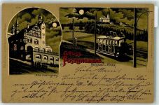 4040 Pöstlingberg 1900 Lithographie / Mondschein Hotel Mond Kirche Bergbahn