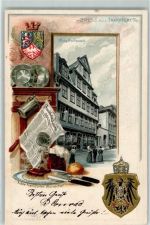 60308 W6000 Frankfurt am Main 1902 Prägedruck Goethehaus Zeitung Teller Besteck Frankfurter Würstchen Bier Wappen Bahnpost Frankfurt Zug 20