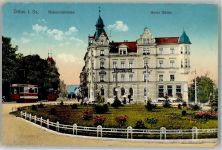 02763 O8800 Zittau 1917 Gebrauchsspuren Bahnhofstraße Hotel Hütter Straßenbahn