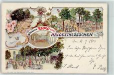 10115 W1000 Tegelort 1900 Lithographie Gruss vom Haideschlösschen Gasthaus Saal Terrasse Fahne Ruderboot Blumen