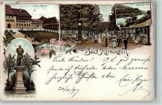 97688 W8730 Bad Kissingen 1897 Lithographie 586 Kunstanstalt Blümlein - Gruss aus - Bismarck Denkmal, Obere Saline, Kurgarten
