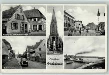 76661 W7522 Rheinsheim , Baden - Kolonialwarengeschäft A. Schneider Bahnhofstraße Kirche mit Denkmal Am Schulhaus Fahrrad Rhein Frachtschiffe