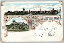 39576 O3500 Stendal 1899 Lithographie Bürgerpark Kirche Fabrik Wappen Gruss Blumen