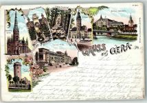 07545 O6500 Gera 1897 Lithographie Johannis Kirche Zabel Denkmal Liebe Denkmal Rathaus Schloss Osterstein Theater Post Ferber Turm Brücke Gruss