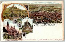 76131 W7500 Durlach Lithographie Hengst-Denkmal Rathaus Rhurmberg