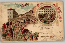 93437 W8492 Furth i Wald 1898 Lithographie Festzug Drachenstich Reiter Trommler