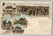 88471 W7958 Laupheim 1900 Gebrauchsspuren Lithographie Kath. Schulhaus Rathaus