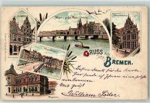 28195 W2800 Bremen 1897 Lithographie Essighaus Museum Weserbrücke Gewerbehaus