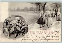 03096 O7502 Burg , Spreewald 1899 Lithographie Spreewälder Trachten Tanz Kirchgang