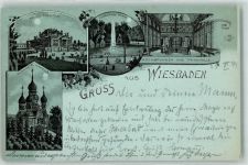 65183 W6200 Wiesbaden 1899 Lithographie Neues Theater Kurhaus Park Kochbrunnen Trinkhalle Russische Kapelle Monf Gruss Reben Trauben Springbrunnen