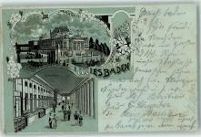 65183 W6200 Wiesbaden 1900 Lithographie / Mondschein Neues Theater Colonnaden