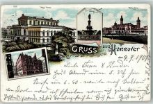 30159 W3000 Hannover 1901 Lithographie Königl. Theater Ebhardt Brunnen Welfenschloss Technische Hochschule Rathaus