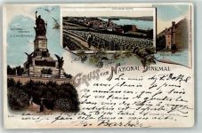 65385 W6220 Rüdesheim am Rhein 1896 Lithographie National Denkmal Niederwald Mäuseturm Reben Frau Schirm Kind Schiff Gruss