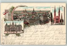 65183 W6200 Wiesbaden 1900 Lithographie Rathaus Kath. Kirche Waterloo-Säule