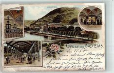 56130 W5427 Bad Ems 1900 Lithographie Wandelbahn Kesselbrunnen Kurgarten Kraehnchenbrunnen Brücke Blume Rose